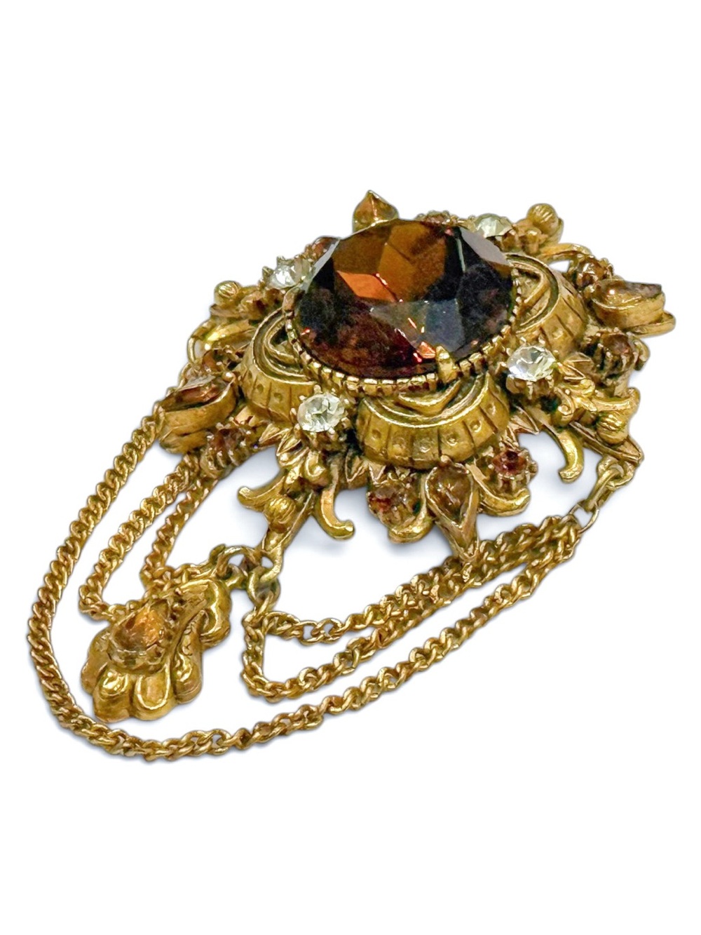 Vintage Florenza Gold-Tone Brown Crystal Brooch with Chain Drapes - Picture 8 of 16